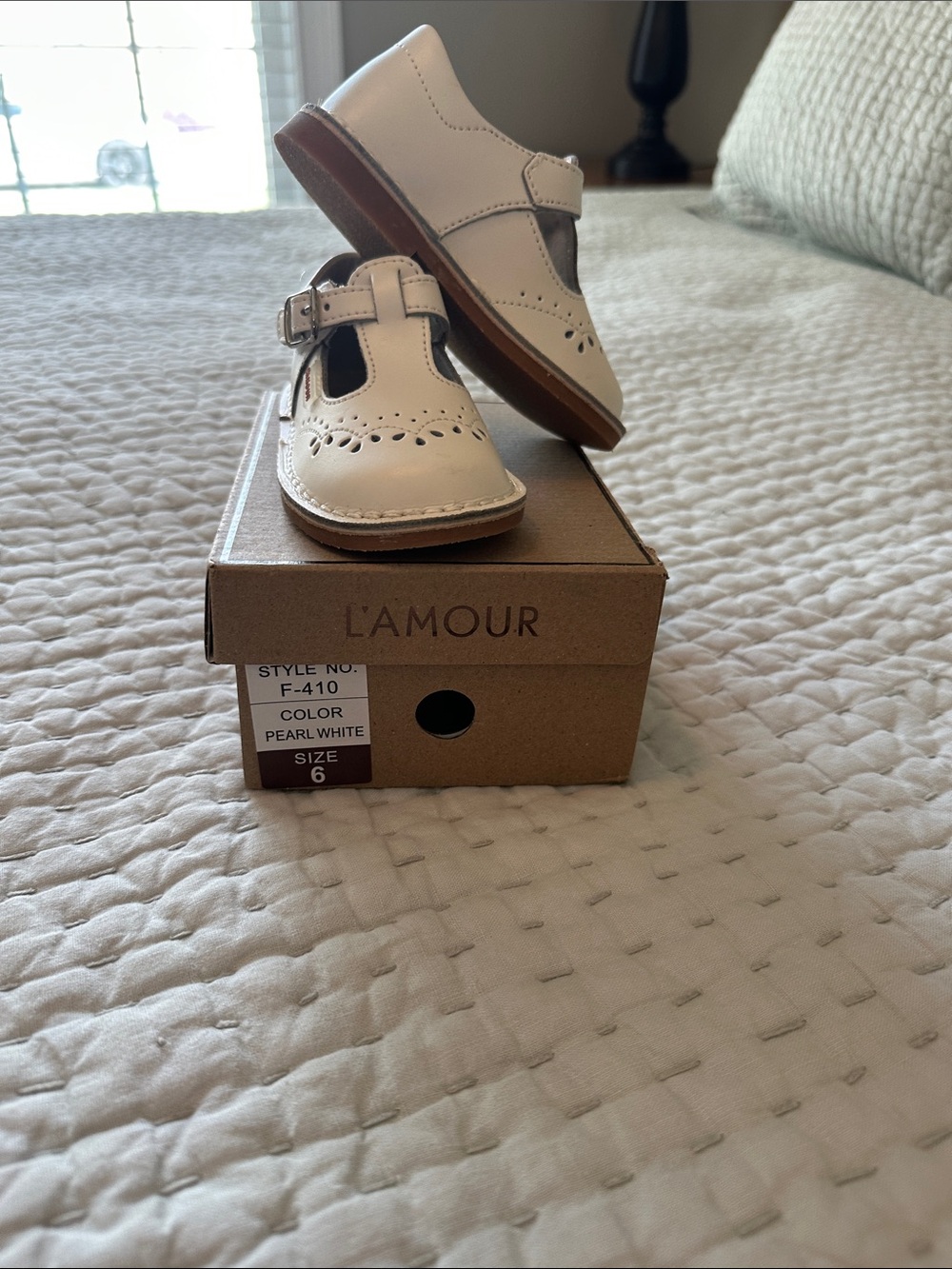 L'Amour Pearl White T-Strap Kids Dress Shoes with Perforated Detail